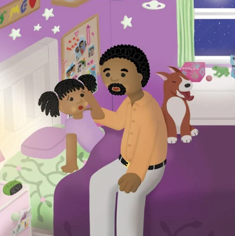 Heaven's dad sitting on her bed talking with her at bedtime