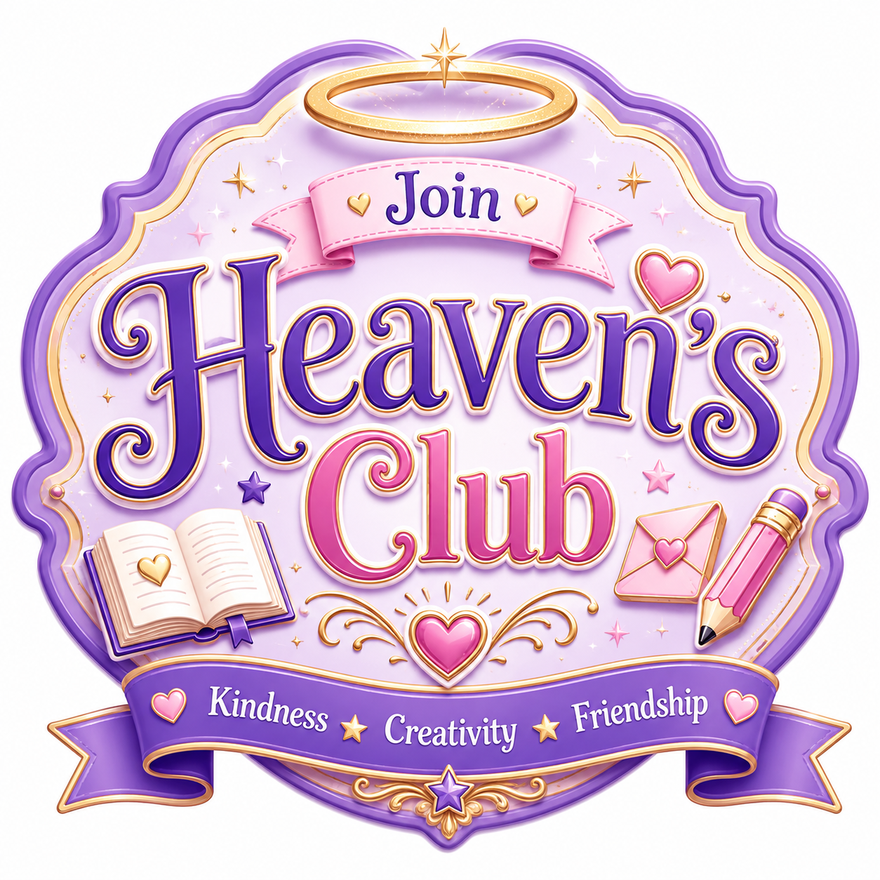 Join Heaven's Club badge with a golden halo, open book and heart