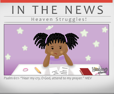 In the News with Heaven: Heaven Struggles, resting her chin on her hands at a desk