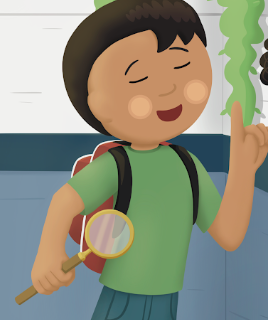 Carlos, Heaven's best friend, holding a magnifying glass