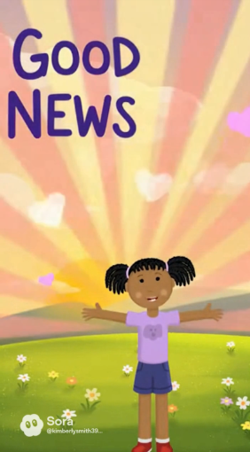 Heaven Holms with arms open under a bright Good News sky
